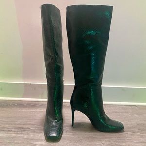 Knee high, dark green, scale pattern stiletto heel boots